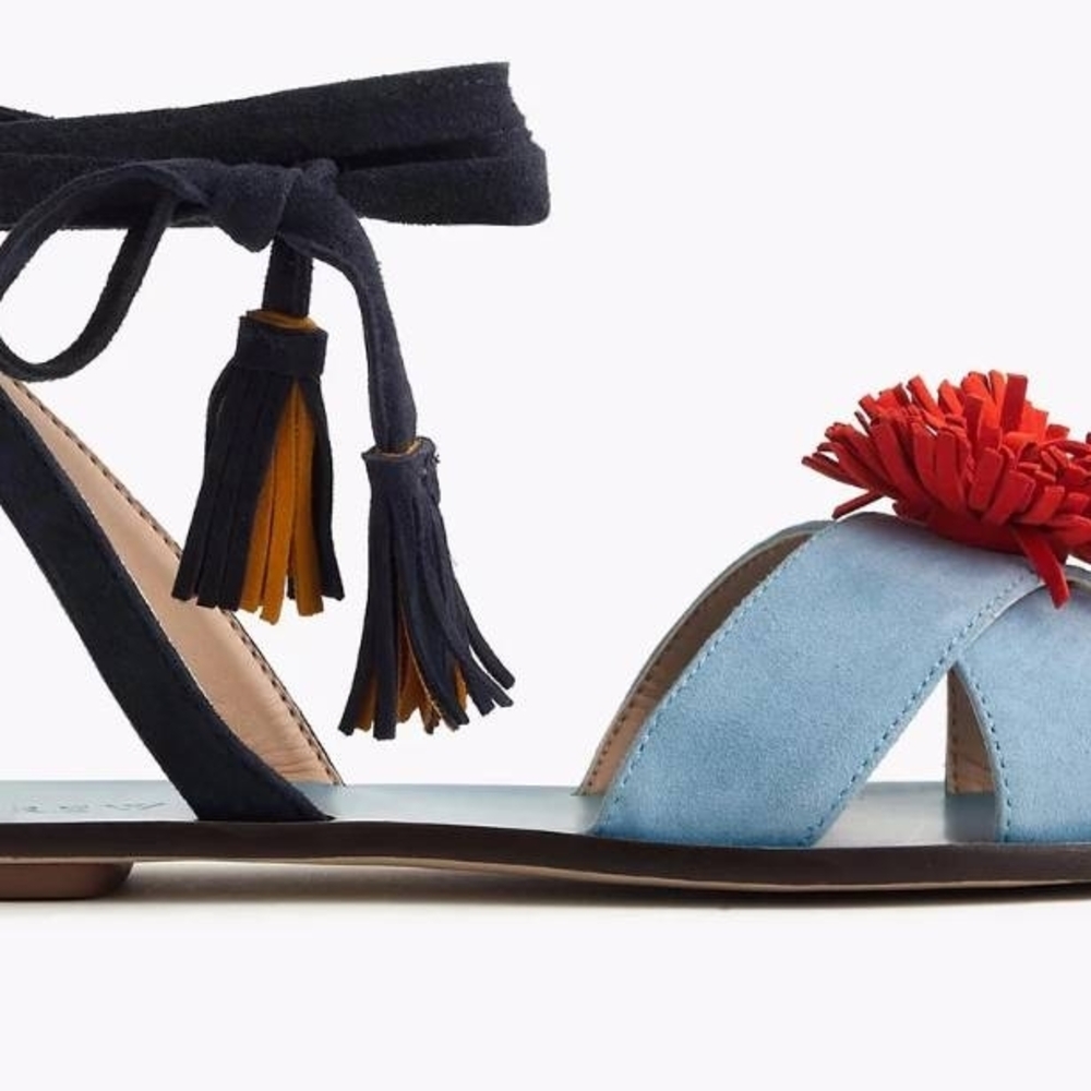 J.Crew Suede Pom Pom Sandals Fringe Ankle Wrap Women's Size 6.5 Blue Coral Boho